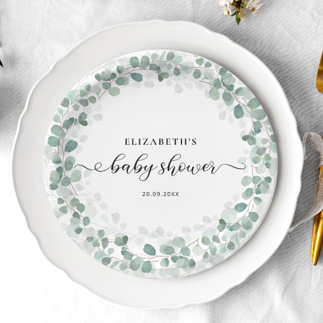 Assiettes En Carton Baby shower Eucalyptus Verdure Boho Rustique (Créateur téléchargé)