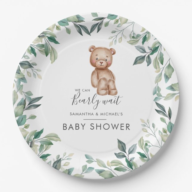 Assiettes En Carton Baby shower Eucalyptus Vert Ours Couples (Devant)