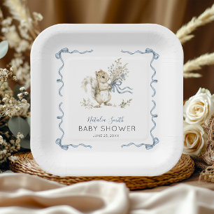 Assiettes En Carton Baby-Shower Fantaisiste Écureuil Bleu à l'Aquarell