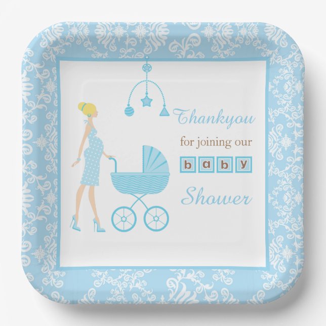 Assiettes En Carton Baby shower femme bleu Damask Blonde (Recto)