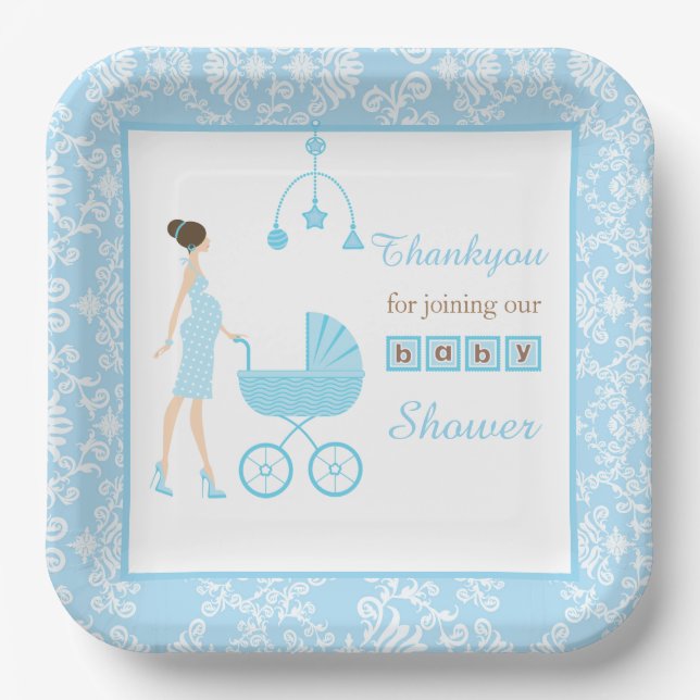 Assiettes En Carton Baby shower femme Brunette Damask bleu (Recto)