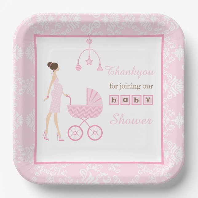 Assiettes En Carton Baby shower femme femme rose Damask Brunette (Recto)