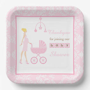 Assiettes En Carton Baby shower femme rose Damask Blonde
