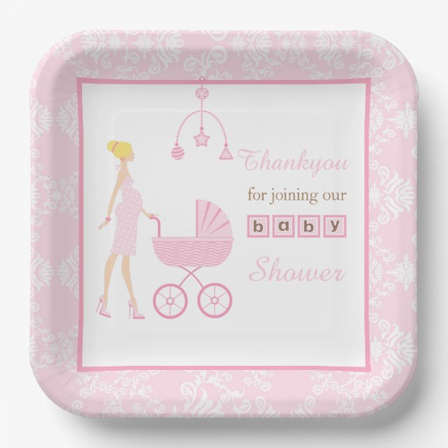 Assiettes En Carton Baby shower femme rose Damask Blonde (Recto)