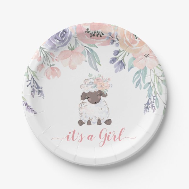 Assiettes En Carton Baby shower Fille agneau rose violet (Devant)