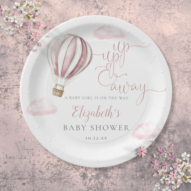 Assiettes En Carton Baby shower Fille Balloon Rose À Air Chaud (Up And Away Pink Hot Air Balloon Girl Baby Shower Paper Plates)
