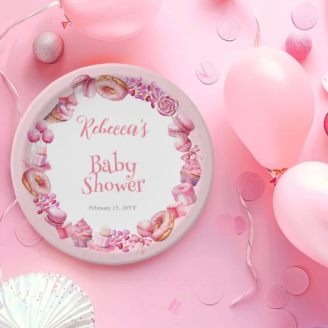 Assiettes En Carton Baby shower fille de cadre de bonbons rose (Pink Candy Frame Girl Baby Shower Paper Plate)