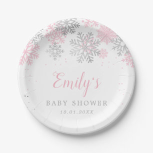 Assiettes En Carton Baby shower Fille D'Hiver Rose Et Argent
