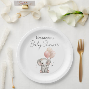 Assiettes En Carton Baby Shower Fille Éléphant & Ballons Roses