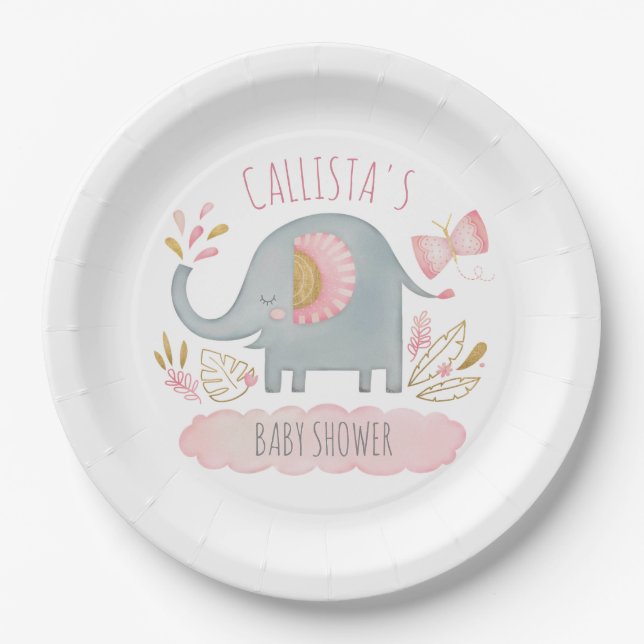 Assiettes En Carton Baby shower fille Eléphant gris rose mou (Devant)