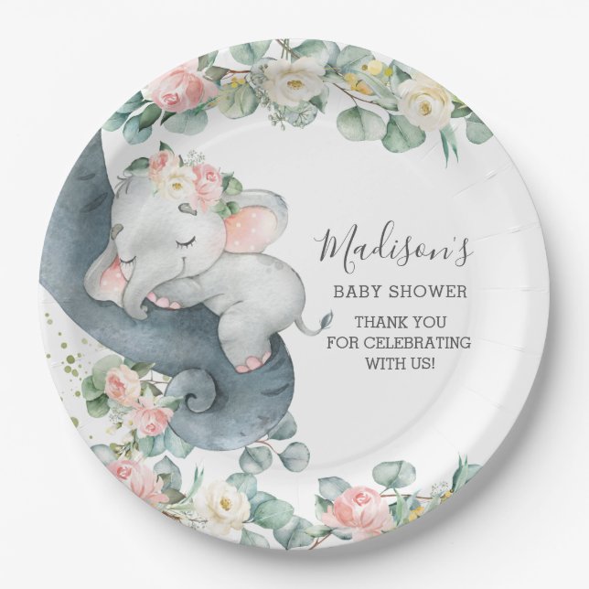 Assiettes En Carton Baby shower Fille Eléphant Rose Floral Anniversair (Devant)