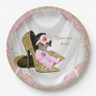 Assiettes En Carton Baby Shower Fille Ethnique Talon Haut Or Rose