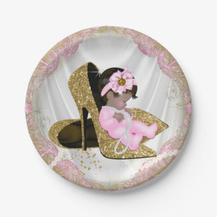 Assiettes En Carton Baby Shower Fille Ethnique Talon Haut Or Rose