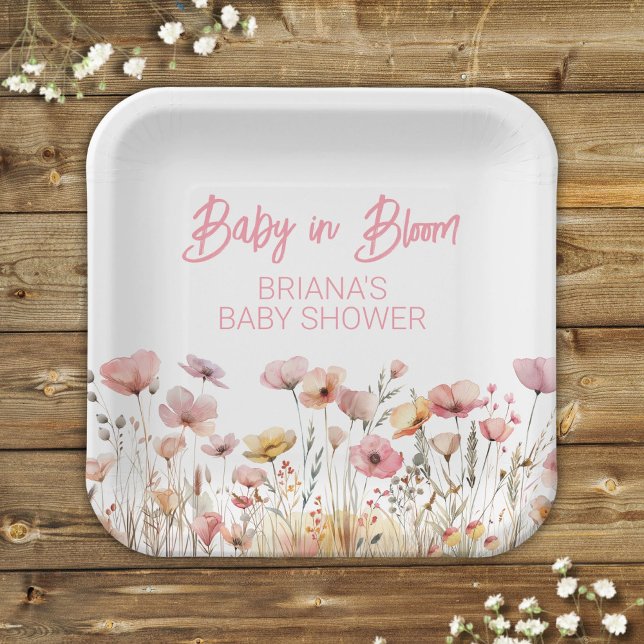 Assiettes En Carton Baby shower fille Fleur sauvage rose (Créateur téléchargé)