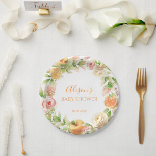 Assiettes En Carton Baby Shower Fille Fleurs de Rose Jaune et Feuillag
