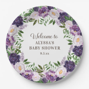 Assiettes En Carton Baby Shower Fille Florale Aquarelle Violette Éléga