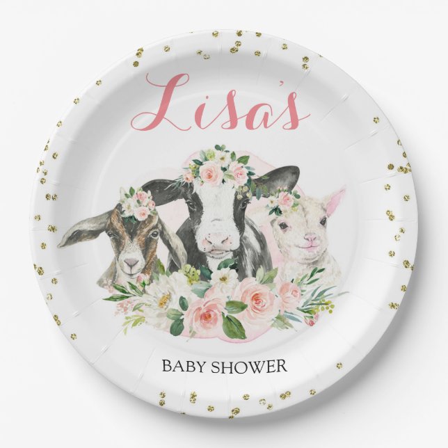 Assiettes En Carton Baby shower Fille Florale d'animal agricole (Devant)