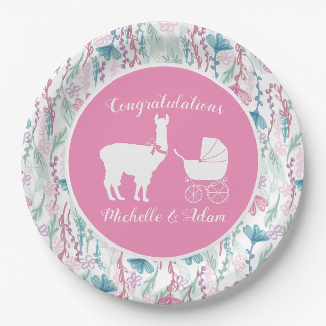Assiettes En Carton Baby shower fille Llama rose mignonne (Devant)
