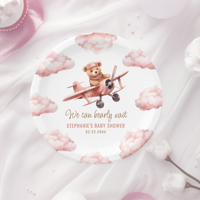 Assiettes En Carton Baby shower fille rose de l'avion mignonne ours (Cute Bear Airplane Pink Girl Baby Shower Paper Plates)