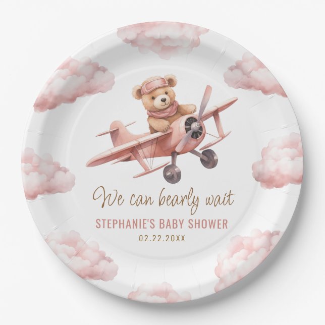 Assiettes En Carton Baby shower fille rose de l'avion mignonne ours (Devant)
