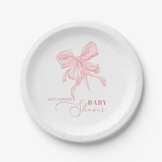 Assiettes En Carton Baby shower fille rose et or Bow Chic (Devant)