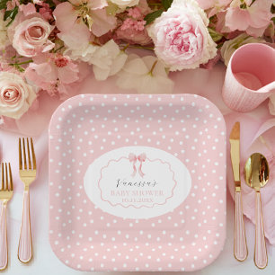 Assiettes En Carton Baby Shower Fille Ruban Rose à Points Bébé Fille