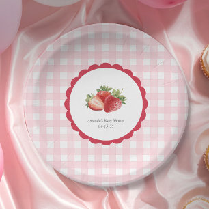 Assiettes En Carton Baby Shower Fille Thème Gingham Rose-Fraise