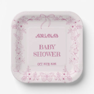 Assiettes En Carton Baby shower fille toile de Jouy rose florale franç