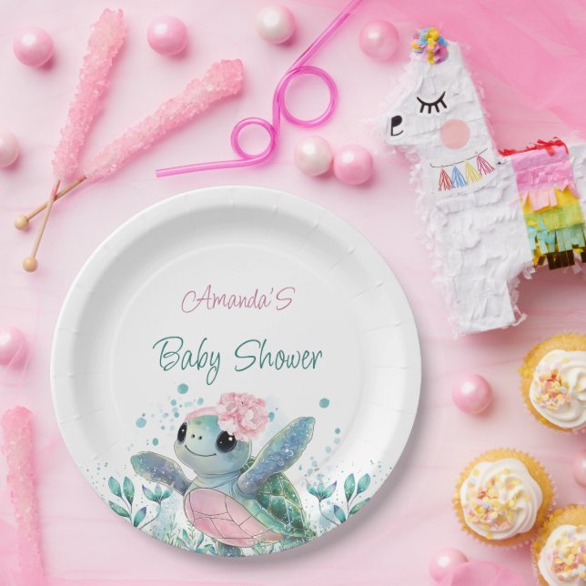 Assiettes En Carton Baby shower fille tortue rose (Fête)