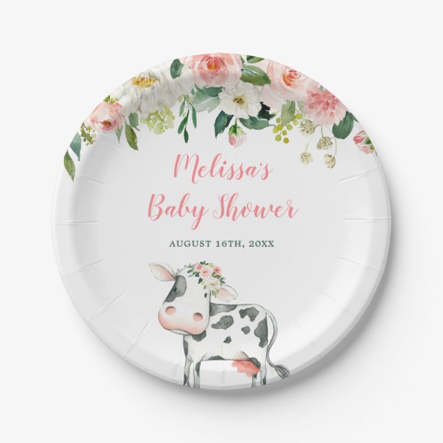 Assiettes En Carton Baby shower Fille Vache Florale Rose (Devant)