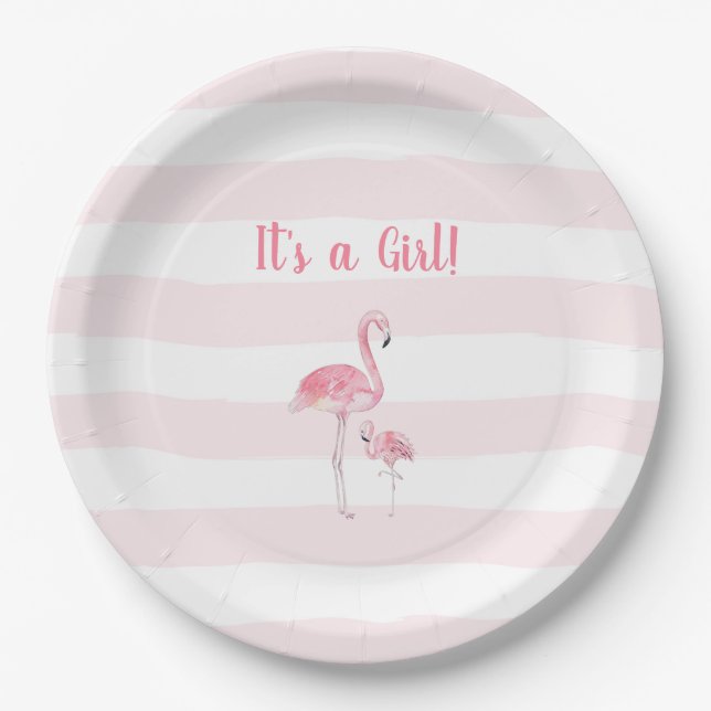Assiettes En Carton baby shower Flamant rose fille (Devant)