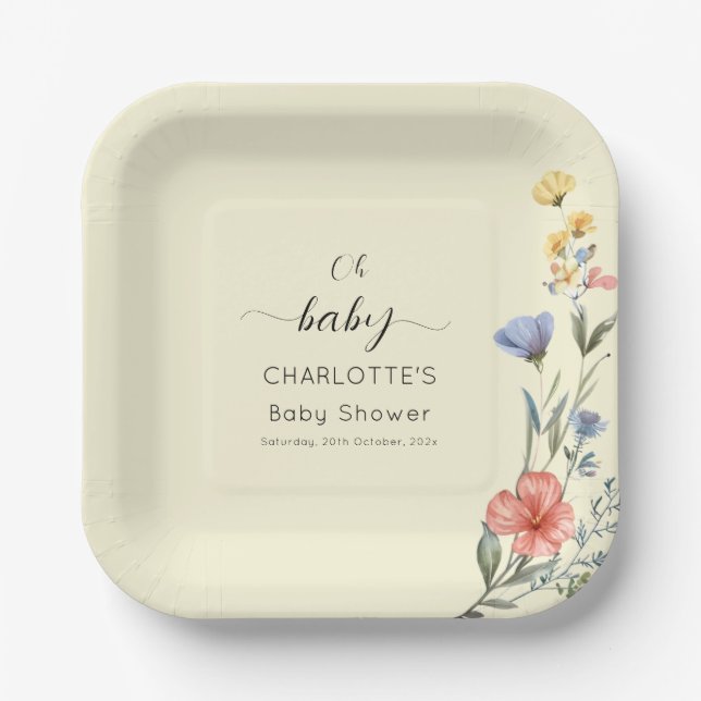 Assiettes En Carton Baby shower Fleur sauvage aquarelle (Recto)