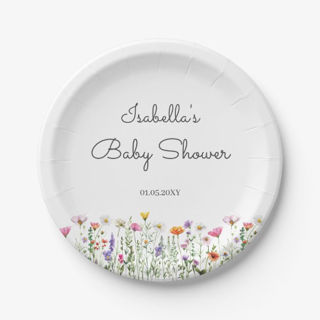 Assiettes En Carton Baby shower Fleur sauvage aquarelle (Devant)