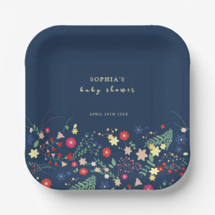 Assiettes En Carton Baby shower Fleur sauvage bleu simple élégant