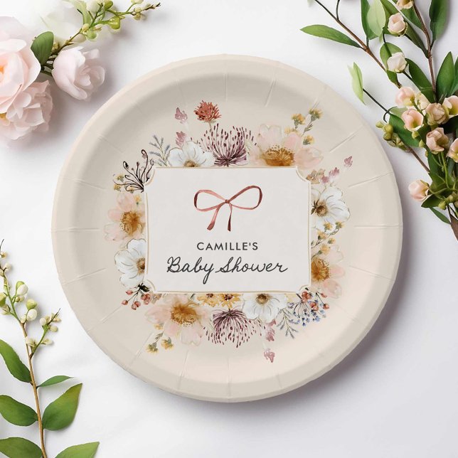 Assiettes En Carton Baby shower fleur sauvage Boho (Rustic boho floral baby shower paper plates)