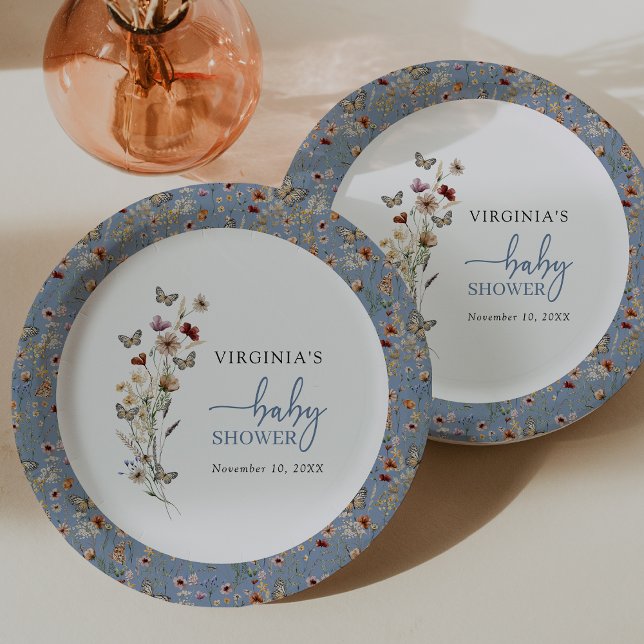 Assiettes En Carton Baby shower Fleur sauvage Boho bleu (Dusty Blue Boho Wildflower Baby Shower Paper Plates by Painted Paperie
)