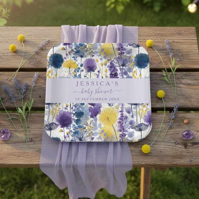 Assiettes En Carton Baby shower Fleur sauvage couleur  jaune violet (Celebrate your mama-to-be moment in full bloom with this elegant wildflower design. )