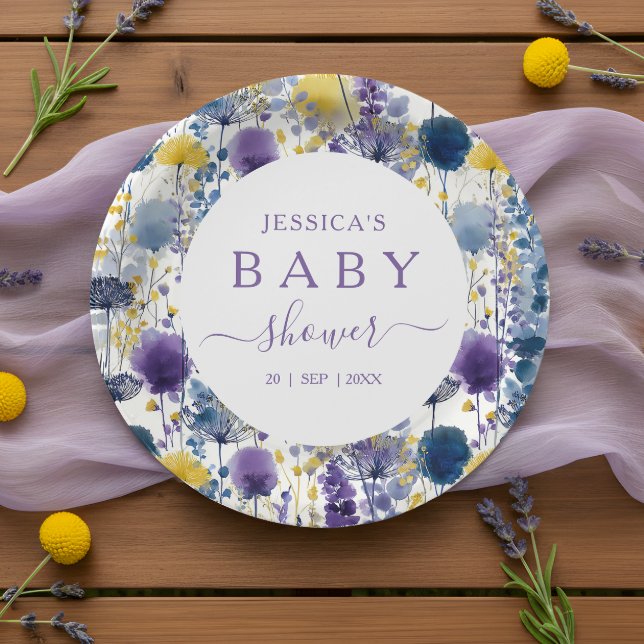 Assiettes En Carton Baby shower Fleur sauvage couleur  jaune violet (Celebrate your mama-to-be moment in full bloom with this elegant wildflower design. )
