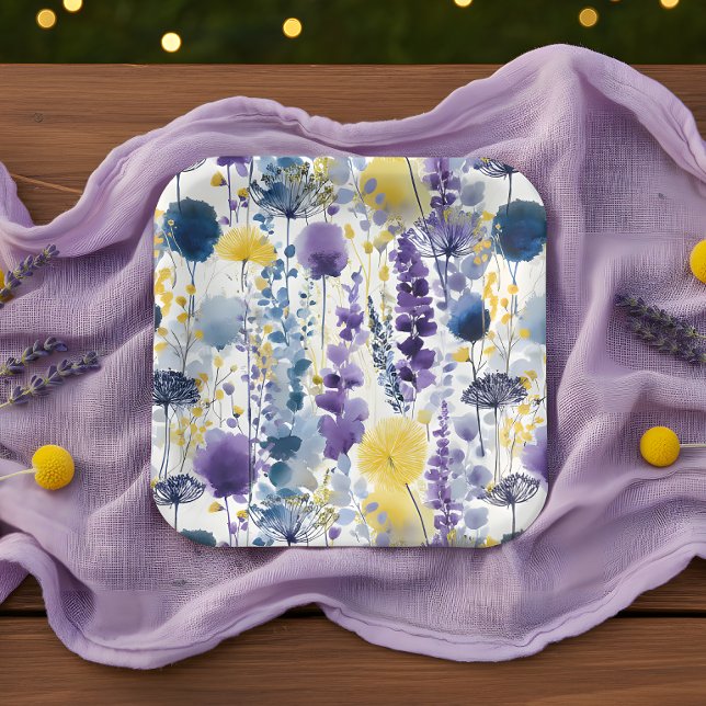 Assiettes En Carton Baby shower Fleur sauvage couleur  jaune violet (Celebrate your mama-to-be moment in full bloom with this elegant wildflower design. )