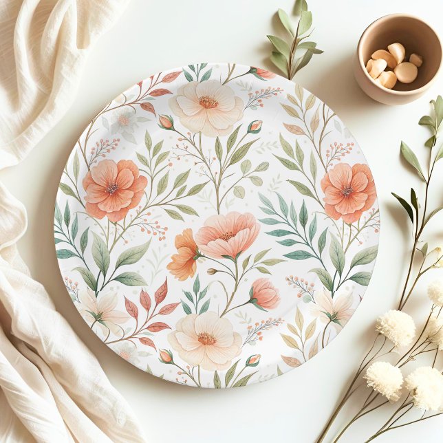 Assiettes En Carton Baby shower Fleur sauvage d'aquarelle Coral Pink B (Pink boho floral paper plate for relaxed and joyful baby shower)