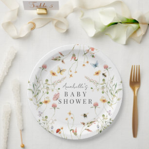 Assiettes En Carton Baby shower fleur sauvage d'aquarelle de papillon