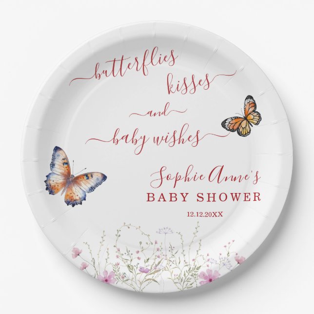 Assiettes En Carton Baby shower Fleur sauvage de papillon aquarelle (Devant)