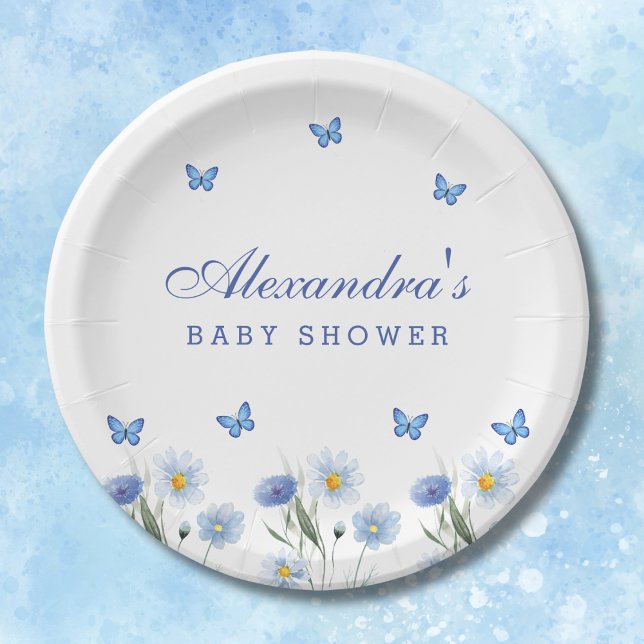 Assiettes En Carton Baby shower Fleur sauvage de papillon bleu (Créateur téléchargé)