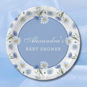 Assiettes En Carton Baby shower Fleur sauvage Dusty Blue Boho