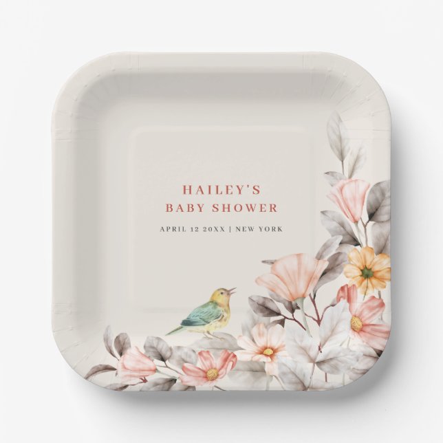 Assiettes En Carton Baby shower Fleur sauvage Neutral Elegant Boho (Recto)