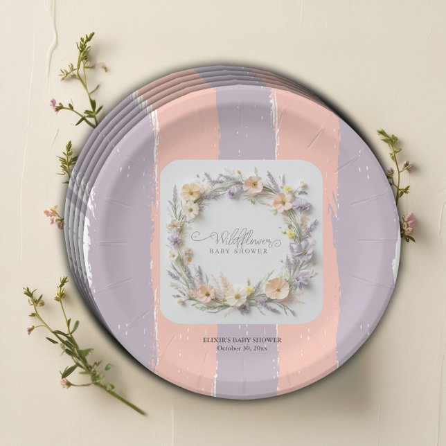 Assiettes En Carton Baby shower Fleur sauvage Pastel Neutre Genre (Créateur téléchargé)