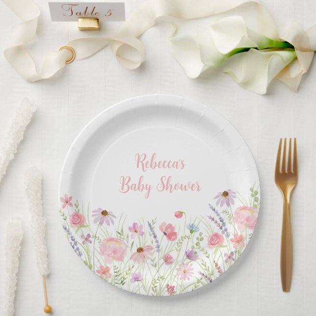 Assiettes En Carton Baby shower Fleur sauvage Pink Pastel (Mariage)