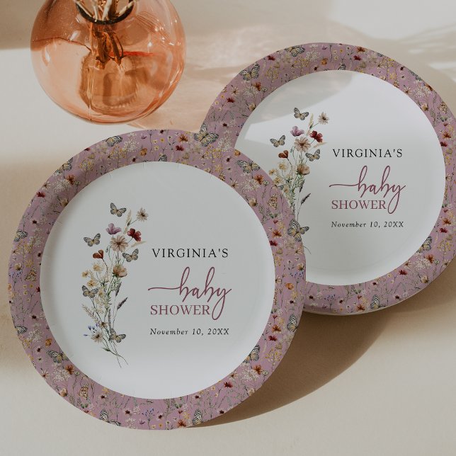 Assiettes En Carton Baby shower Fleur sauvage rose (Dusty Pink Wildflower Baby Shower Paper Plates by Painted Paperie
)