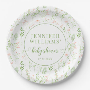 Assiettes En Carton Baby shower Fleur sauvage verte rustique bébé fill