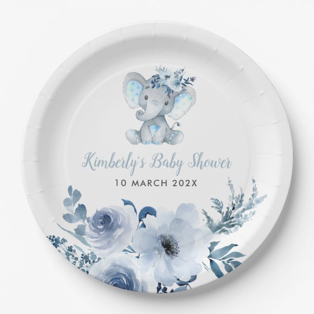 Assiettes En Carton Baby shower fleuri bleu petit éléphant (Devant)